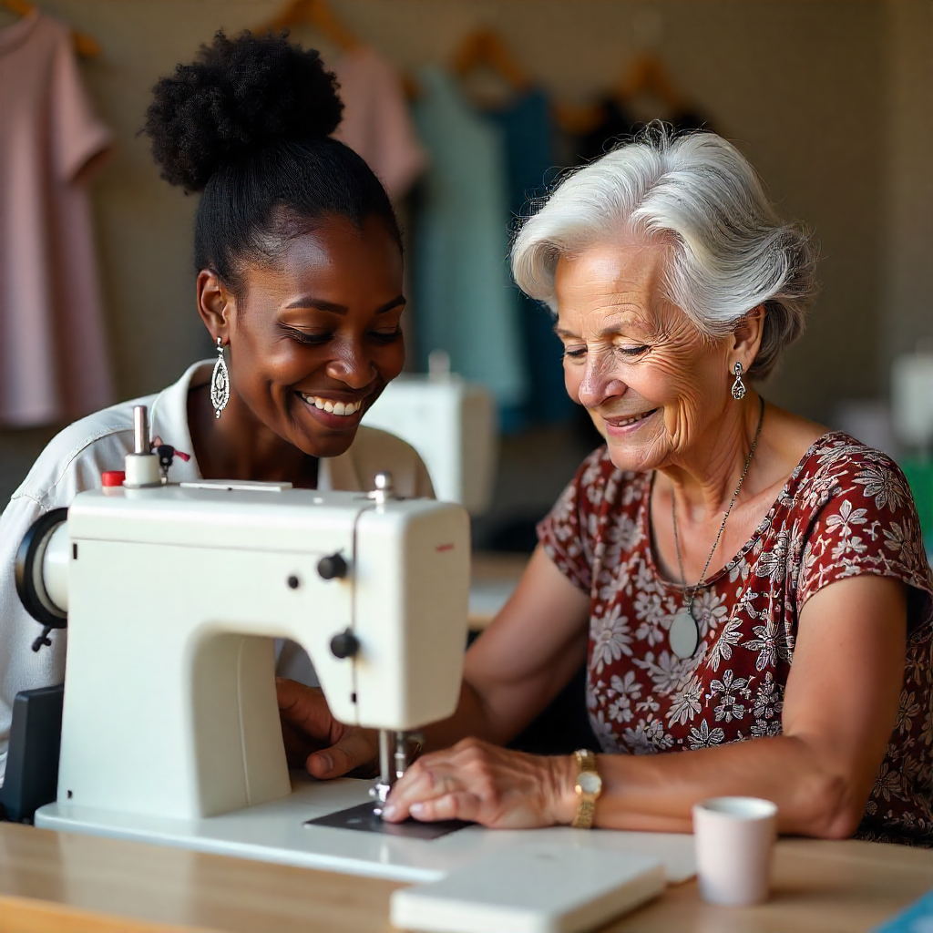 Oficina com professora ensinando corte e costura