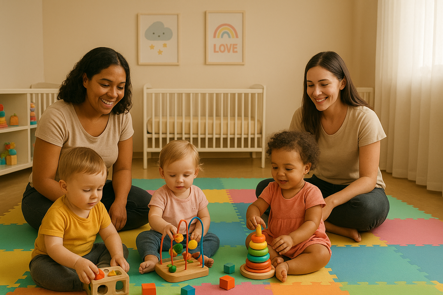 Espaço infantil com brinquedos e colchões para crianças