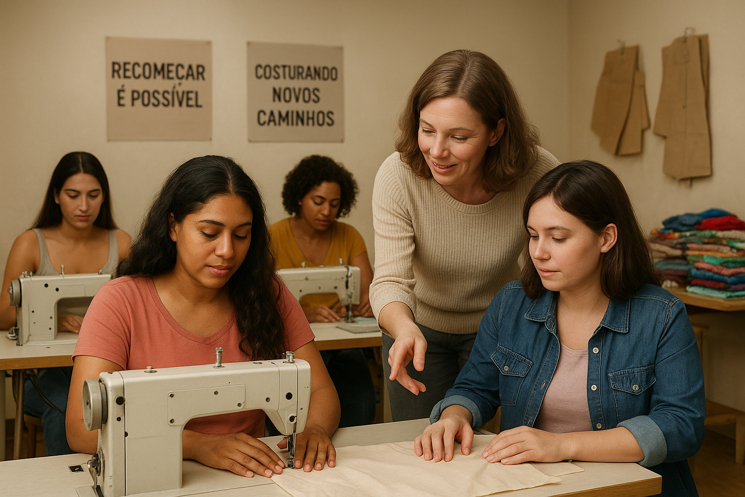 Alunas em bancada de costura trabalhando em peças